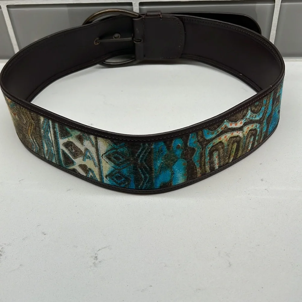 Chicos Faux Leather Trim Fabric Front Belt Round Buckle Teal Abstract Print Sz S